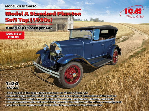 ICM Ford Model A Standard Phaeton 1/24, 1930-ieji – plastiko surinkimo rinkinys