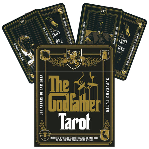 Tarot kortos The Godfather juodoje aukso dėžutėje, 78 kortų komplektas su keliomis išskleistomis kortomis ir pridedama knyga