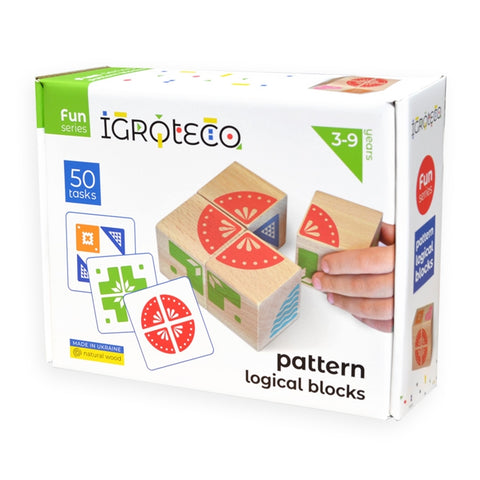 IGROTECO medinės loginės kaladėlės – 4 kubeliai su raštais + 50 užduočių (3+)