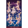 tarot korta Žvaigždė, vertikalus pilnas piešinys: septynios moterys rožinėse suknelėse tarp ryškių žvaigždžių fone