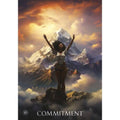 Kortelė "Commitment" — inspiracinė kortelė su tamsiu kalnų fonu ir džiaugsmingai iškeltos moters figūra, skirta kortelių rinkiniui