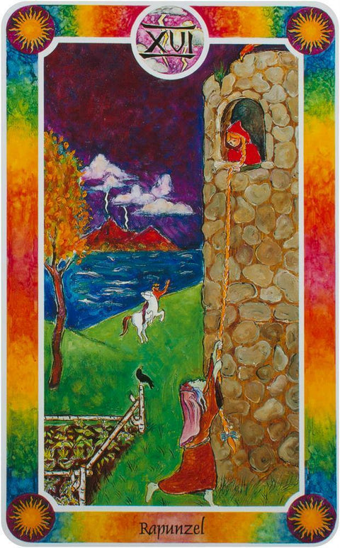 Tarot korta Rapunzel – ryški scena su Rapunzel lange, moteris kopia virve prie bokšto, jūra fone