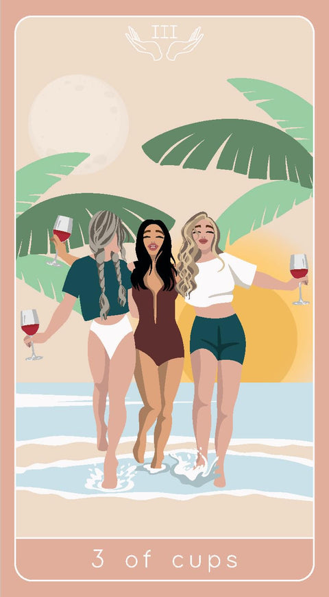 Taro korta Trys taurės – paplūdimio iliustracija su trimis besišypsančiomis moterimis, laikinančiomis vyno taure prie saulėlydžio