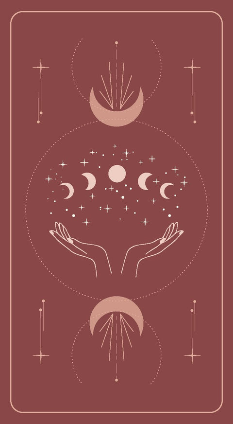 Gobelenas su mėnulio fazių motyvu tamsiai raudonos spalvos, portreto orientacija ir rankomis centre