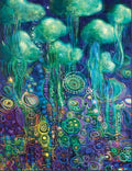 tapyba abstrakti žalsvai-mėlyna 60x80 cm, ryški tekstūra su spiraliniais ir apvaliais motyvais, unikalus galerijos variantas