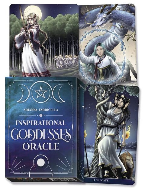 Oracle kortų rinkinys „Inspirational Goddesses“ su mėlyna dėžute ir trimis dievybių iliustruotomis kortomis, parodyta pakuotė ir pavyzdžiai