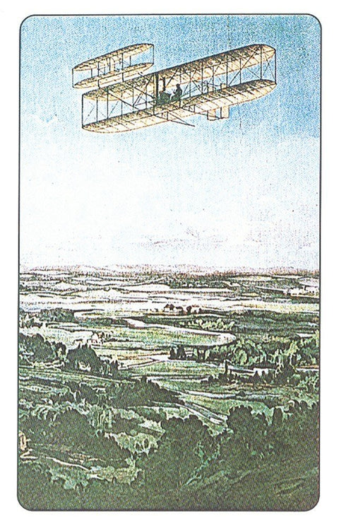 istorinis lėktuvas biplanas skrenda aukštai virš žalios lygumos, retro iliustracija vertikaliam plakatui