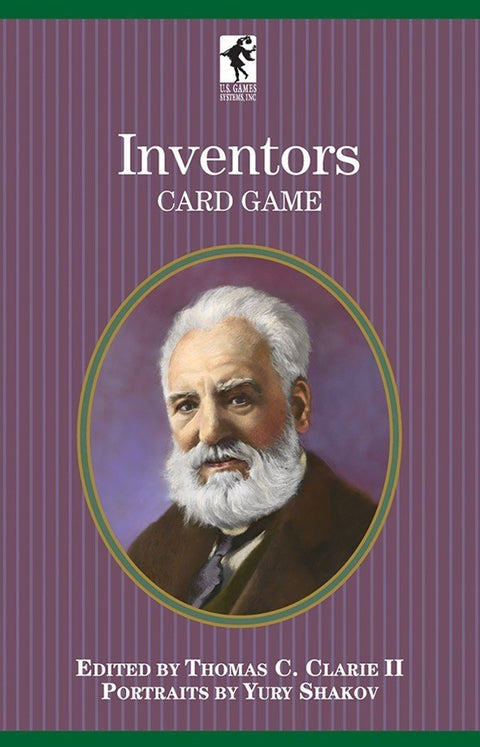 Inventors kortų žaidimas, violetinė dėžutė su ovaliu rėmu ir vyriško portreto iliustracija, leidėjas U.S. Games