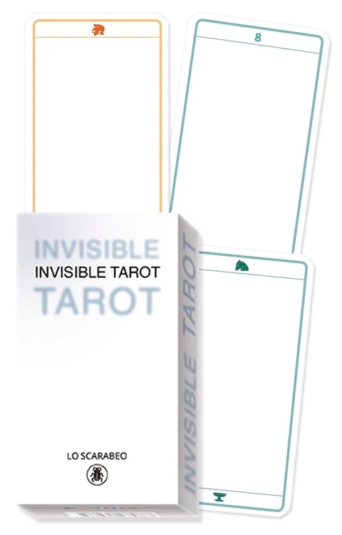 Invisible Tarot kortų dėžutė Lo Scarabeo su minimalistinėmis baltomis kortomis, spalvotais rėmeliais ir piktogramomis
