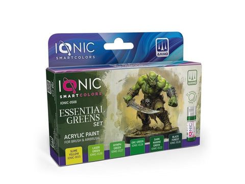 IONIC akrilinių dažų rinkinys Essential Greens – žali atspalviai miniatiūroms