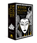Mystic Islands oracle kortos, Rockpool, juodas dėklas — priekinė ir šoninė perspektyva su mėnulio simbolika ir moters portretu