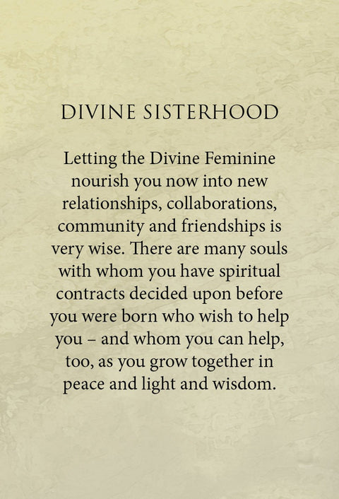 Orakulo korta Divine Sisterhood — raminanti žinutė apie dievišką moteriškumą, naujus ryšius, bendruomenę ir dvasinę pagalbą