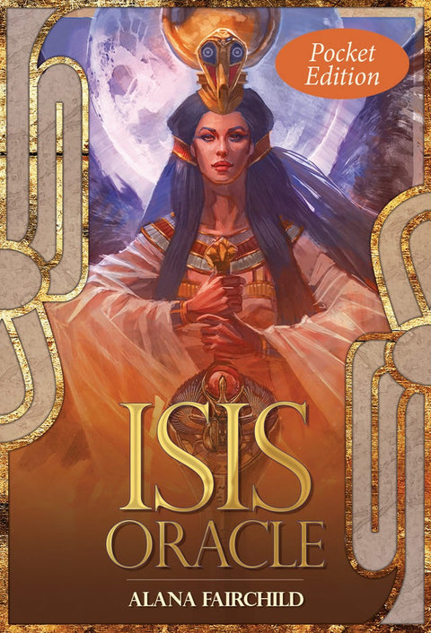 Isis orakulas kortų rinkinys — Alana Fairchild kišeninė versija, aukso-oranžinis Isės portretas