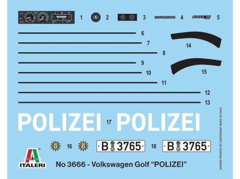 Italeri VW Golf Polizei 1/24 plastikinis policijos auto modelis