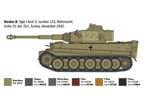 Italeri Tiger I Ausf.E ankstyvasis tankas 1/35 surenkamas modelis