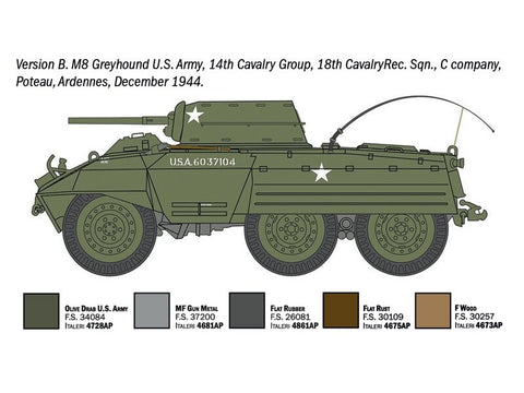 M8 Greyhound / M20 šarvuočio plastikinis modelis 1/72 Italeri