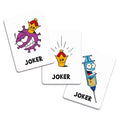 Joker kortos, trijų skirtingų žaismingų dizainų rinkinyje — violetinis virusas su karūna, auksinė karūna ir mėlynas švirkštas