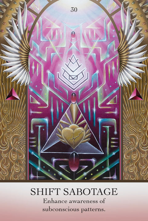 Tarot korta Shift Sabotage, rožinė ir auksinė meninė versija nr.30 su sparnais, trikampiu ir simboline širdimi