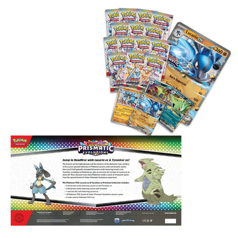 Pokemon Prismatic Evolutions Lucario & Tyranitar ex kolekcinis rinkinys
