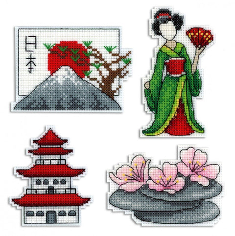 Siuvinėjimo rinkinys su penkiais japonų motyvais — Fudži, geiša, pagoda, vyšnių žiedai ir akmenys, ryškūs raudoni bei žali atspalviai