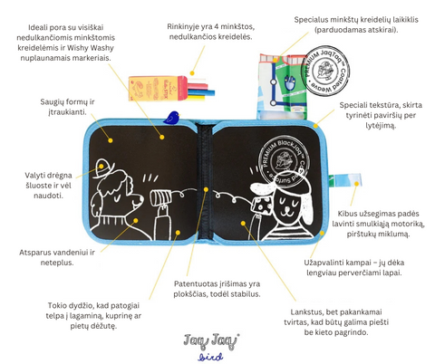 Jaq Jaq Bird daugkartinė piešimo knyga – Vienaragis, nedulkančios kreidelės