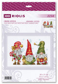 Kryželių rinkinys Riolis Jolly Gnomes, 30×21 cm, raudoni ir žali nykštukai ant pakuotės su modelio pavyzdžiu