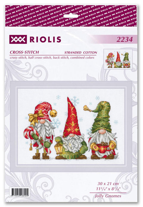 Kryželių rinkinys Riolis Jolly Gnomes, 30×21 cm, raudoni ir žali nykštukai ant pakuotės su modelio pavyzdžiu