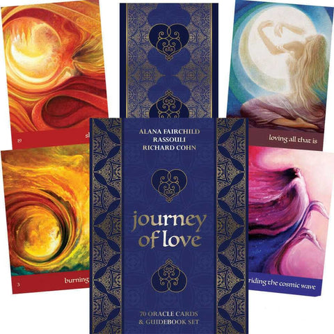 Journey of Love oracle kortų rinkinys, tamsiai mėlyna dėžutė su auksiniais raštais ir penkios ryškios iliustruotos kortos, 70 kortų komplektas su gidu