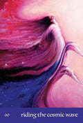 Plakatas "Riding the Cosmic Wave" rožinė‑violetinė kosminė kompozicija su figūra ir titulu apačioje, tinkamas meditacijos interjerui