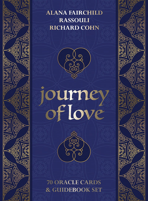Orakulo kortų rinkinys Journey of Love, tamsiai mėlynas dėklas su auksiniais ornamentais ir pridedamu vadovu