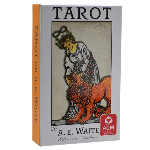 Tarot kortos A. E. Waite Edición Deluxe – baltas dėklas su karalienės ir liūto iliustracija, AGM Urania lipdukas