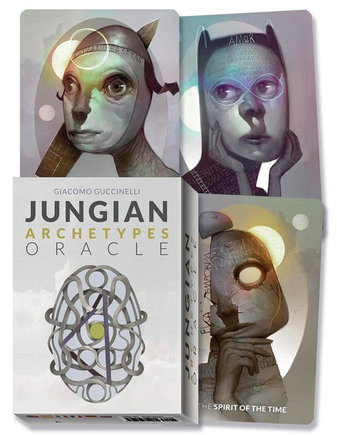 Jungian archetipų oracle kortų rinkinys su balta dėžute ir trijų iliustruotų veidų kortų fragmentais, skirtas asmeniniems orakulo skaitymams