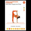jogos poza Ardha Chandrasana (Half-Moon Sugarcane) — stovinti pusiausvyros poza, rodoma oranžiniais drabužiais su linijinėmis gairėmis; žr. antraštę