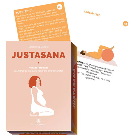 jogos kortos Justasana, rožinio dėklo rinkinys moterims nėštumo ir pogimdyminiam laikotarpiui, atverstos kortelės