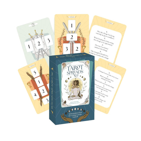 tarot kortos Tarot Spreads tamsiai mėlynoje dėžutėje, fanuotos geltonos išdėstymo kortelės su numeriais ir interpretacijos patarimais