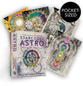 Starcodes Astro kišeninis orakulas su pakuote ir keliomis išklotomis kortomis, bogotais astrologiniais bei čakrų simboliais
