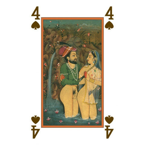 4 pikų korta su Indijos miniatiūros siužetu — vyras ir moteris vandenyje, ryškūs žemės tonai, vintage stilius