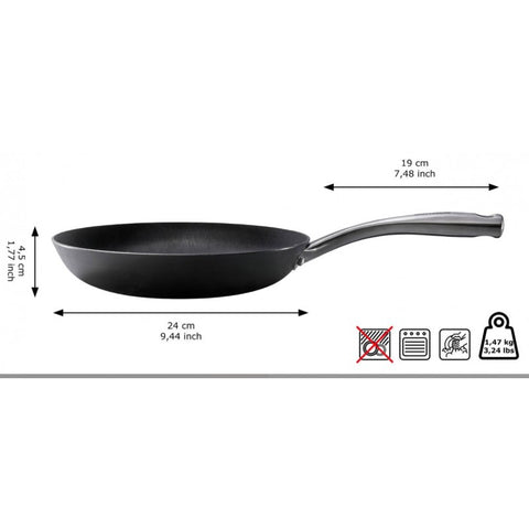 Kepimo keptuvė 24 cm, juoda, 4,5 cm aukščio ir 19 cm rankena, nurodomi matmenys, svoris ir naudojimo piktogramos; žr. aprašymą