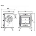 Krosnelė su techniniu brėžiniu ir pagrindiniais matmenimis — plotis 480/490 mm, aukštis 615 mm, dūmtraukis Ø150; žr. aprašymą