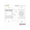 KAWMET P3 krosnelė (7,4 kW) brėžinys, rodantis priekinį ir šoninį pjūvius su pagrindiniais matmenimis ir ECO žyma; žr. paantraštę