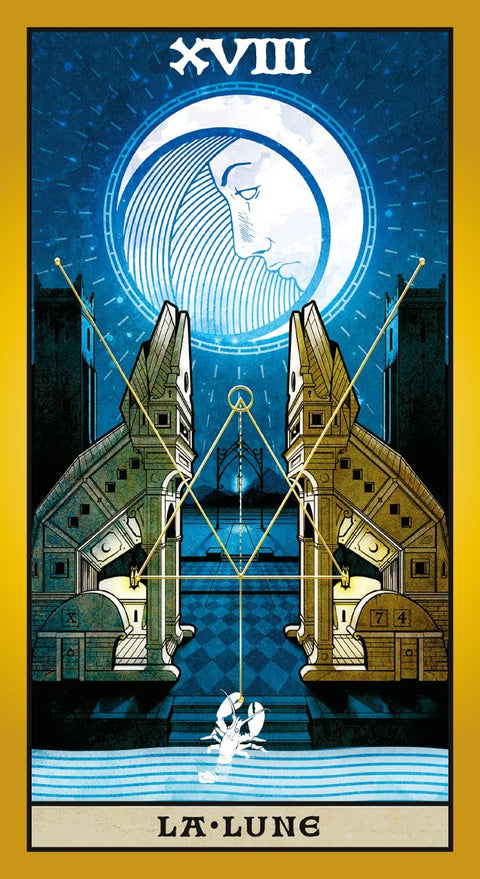 tarot korta Mėnulis mėlyna–auksinė iliustracija (XVIII) su mėnulio profiliu virš architektūrinių vartų ir omariu, vertikaliai