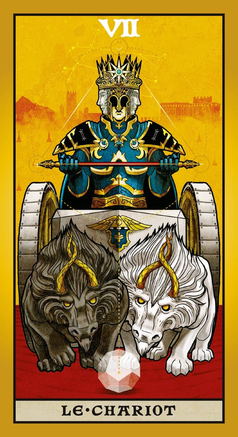 tarot korta Chariot (VII), didelis geltonas plakatas su mėlynu riteriu ant karo vežimo ir juodu bei baltu sfinksais