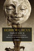 Horror Circus tarot kortų kaladė Ambrosia — Antonello Silverini viršelis su mėnulio galvute ir tamsiu siurrealistiniu dizainu