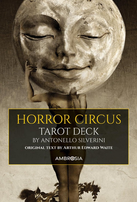 Horror Circus tarot kortų kaladė Ambrosia — Antonello Silverini viršelis su mėnulio galvute ir tamsiu siurrealistiniu dizainu