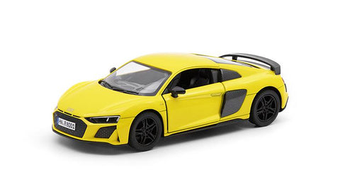 KiNSMART Audi R8 Coupé 2020 žaislinis automobilis 1:36, geltonas, atidaromos durys, trauk-atgal mechanizmas, licencijuotas