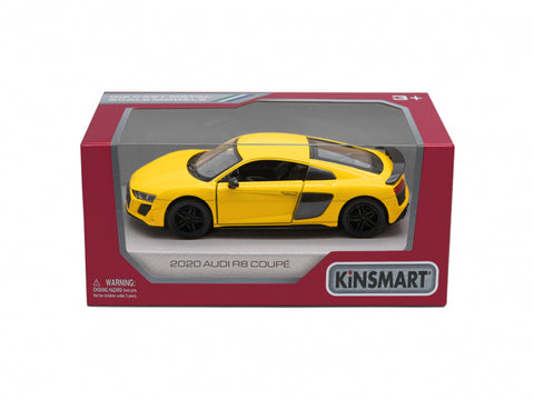 KiNSMART Audi R8 Coupé 2020 žaislinis automobilis 1:36, geltonas, atidaromos durys, trauk-atgal mechanizmas, licencijuotas