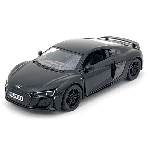 KINSMART Audi R8 Coupé 2020 žaislinis automobilis 1:36, juodas, lieto metalo, atidaromos durelės, trauki-atgal mechanizmas