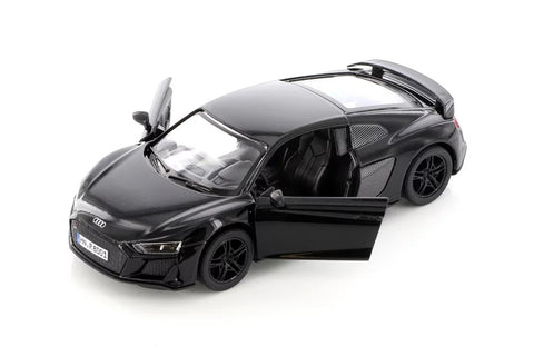 KINSMART Audi R8 Coupé 2020 žaislinis automobilis 1:36, juodas, lieto metalo, atidaromos durelės, trauki-atgal mechanizmas
