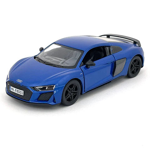 Žaislinis automobilis KiNSMART Audi R8 Coupé 2020 1:36, mėlynas – licencijuotas, atsidarančios durelės, traukiamas (pull-back)