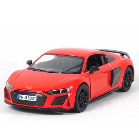 KiNSMART Audi R8 Coupé 2020 1:36 raudonas – lieto metalo modelis, atsidarančios durelės, trauk-atgal mechanizmas